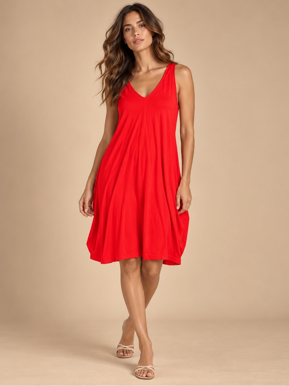 Coral Red Sleeveless Swing Dress V Neck Flowy Mini Coastal Summer 2X